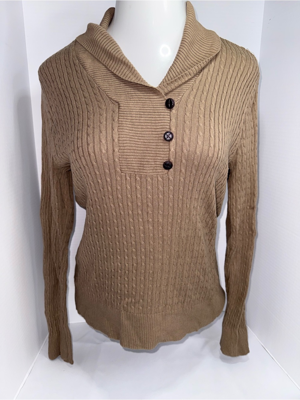 Shawl Collar Cable Knit Long Sleeve Sweater - Tan